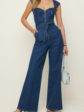 Reformation Calypso Dark Blue Wide-Leg Denim Jumpsuit